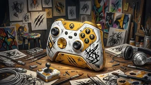 Illustration d’une PS5 collector Marvel’s Wolverine jaune doré avec griffures noires inspirées de Logan
