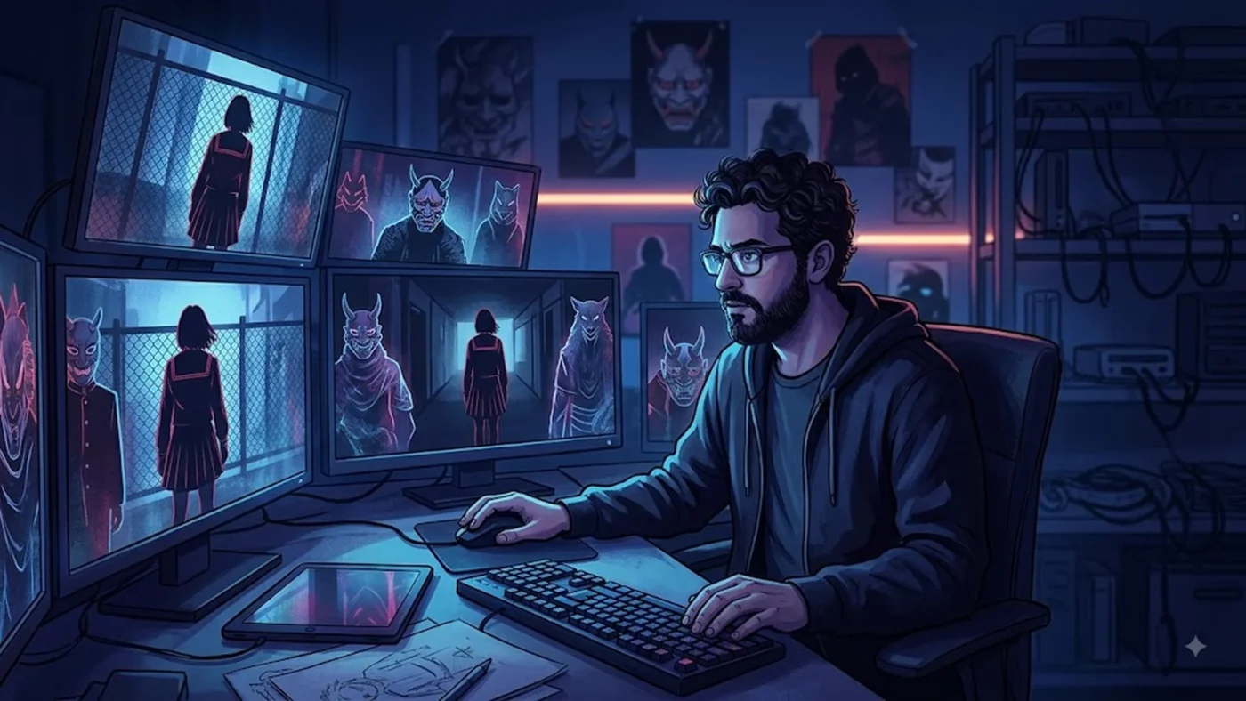 Illustration d’un producteur de jeu vidéo évoquant un remake Persona 1 et 2, entouré d’écrans aux motifs mystiques et masqués.