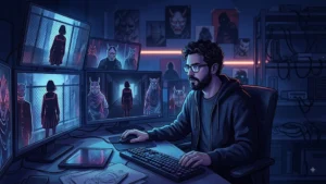 Illustration d’un producteur de jeu vidéo évoquant un remake Persona 1 et 2, entouré d’écrans aux motifs mystiques et masqués.