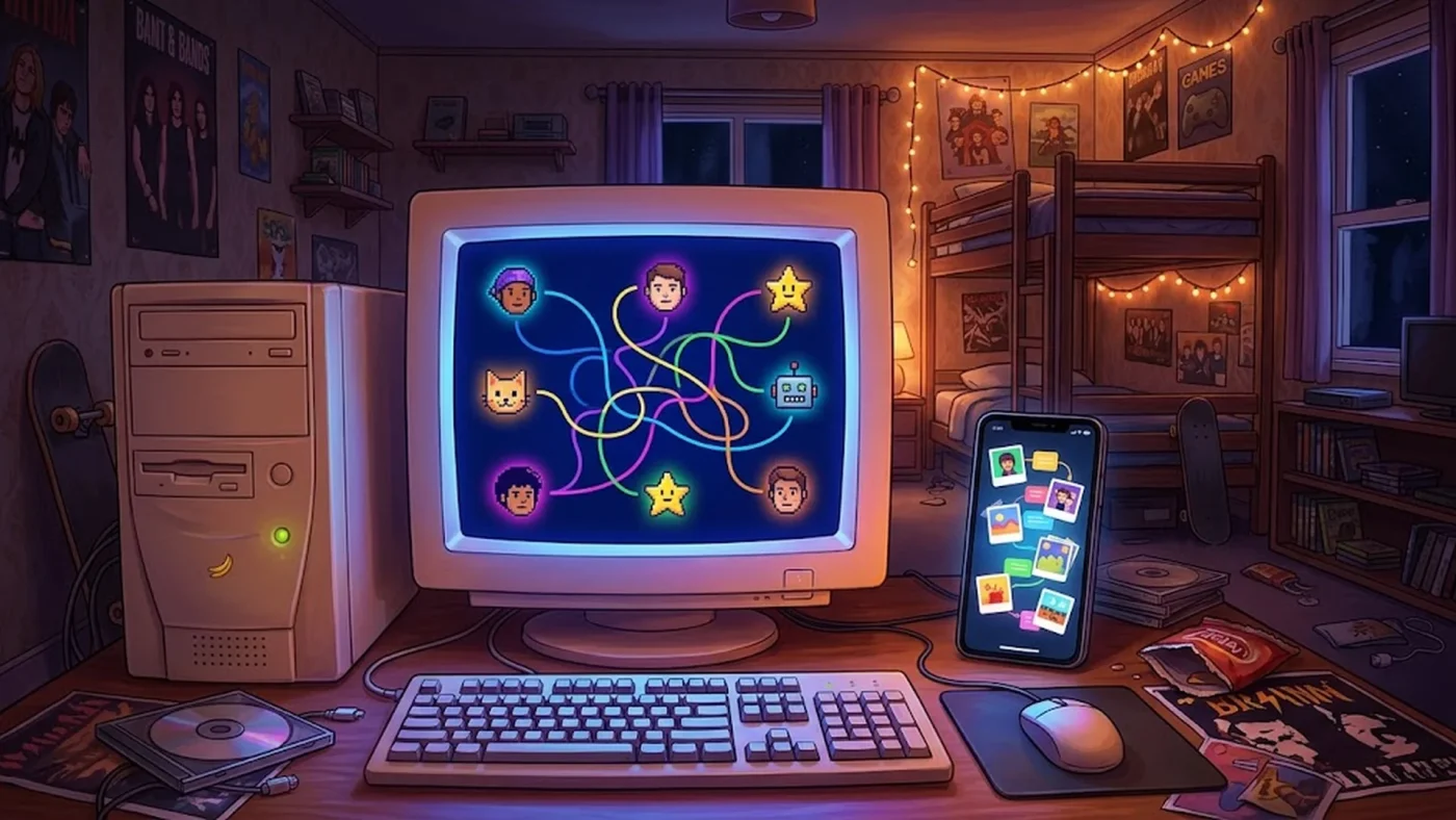 Illustration d’un ordinateur rétro symbolisant le retour de MySpace sans algorithme, avec huit avatars et un flux chronologique