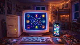 Illustration d’un ordinateur rétro symbolisant le retour de MySpace sans algorithme, avec huit avatars et un flux chronologique
