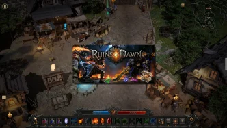 Logo Ruins of Dawn superposé à une scène de village médiéval isométrique, avec guerrier, mage et créature démoniaque en artwork clé du jeu
