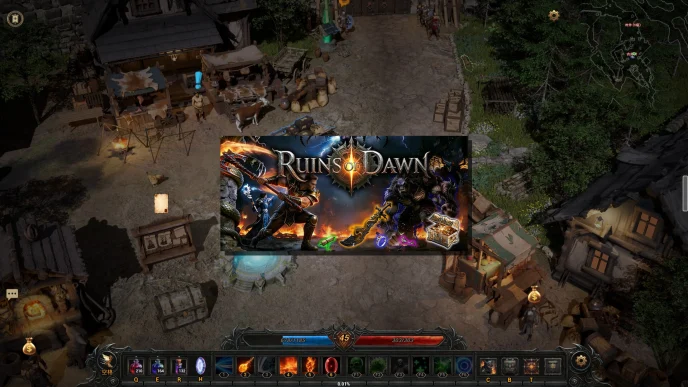 Logo Ruins of Dawn superposé à une scène de village médiéval isométrique, avec guerrier, mage et créature démoniaque en artwork clé du jeu