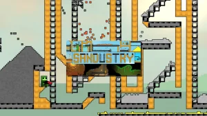 Illustration du jeu Sandustry montrant une usine d'automatisation 2D avec convoyeurs, tamis à or, physique pixel par pixel et monde destructible style Factorio Terraria