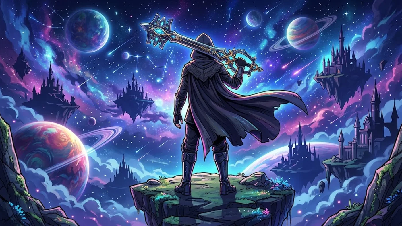 Illustration série anime Kingdom Hearts Disney+ avec personnage mystérieux tenant une Keyblade face à un ciel cosmique