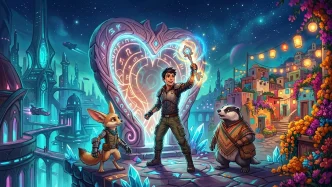 Illustration d’une série Kingdom Hearts Disney+ avec un héros original brandissant une clé magique devant un portail lumineux, dans un univers fantastique.