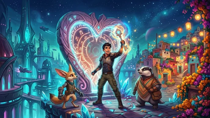 Illustration d’une série Kingdom Hearts Disney+ avec un héros original brandissant une clé magique devant un portail lumineux, dans un univers fantastique.