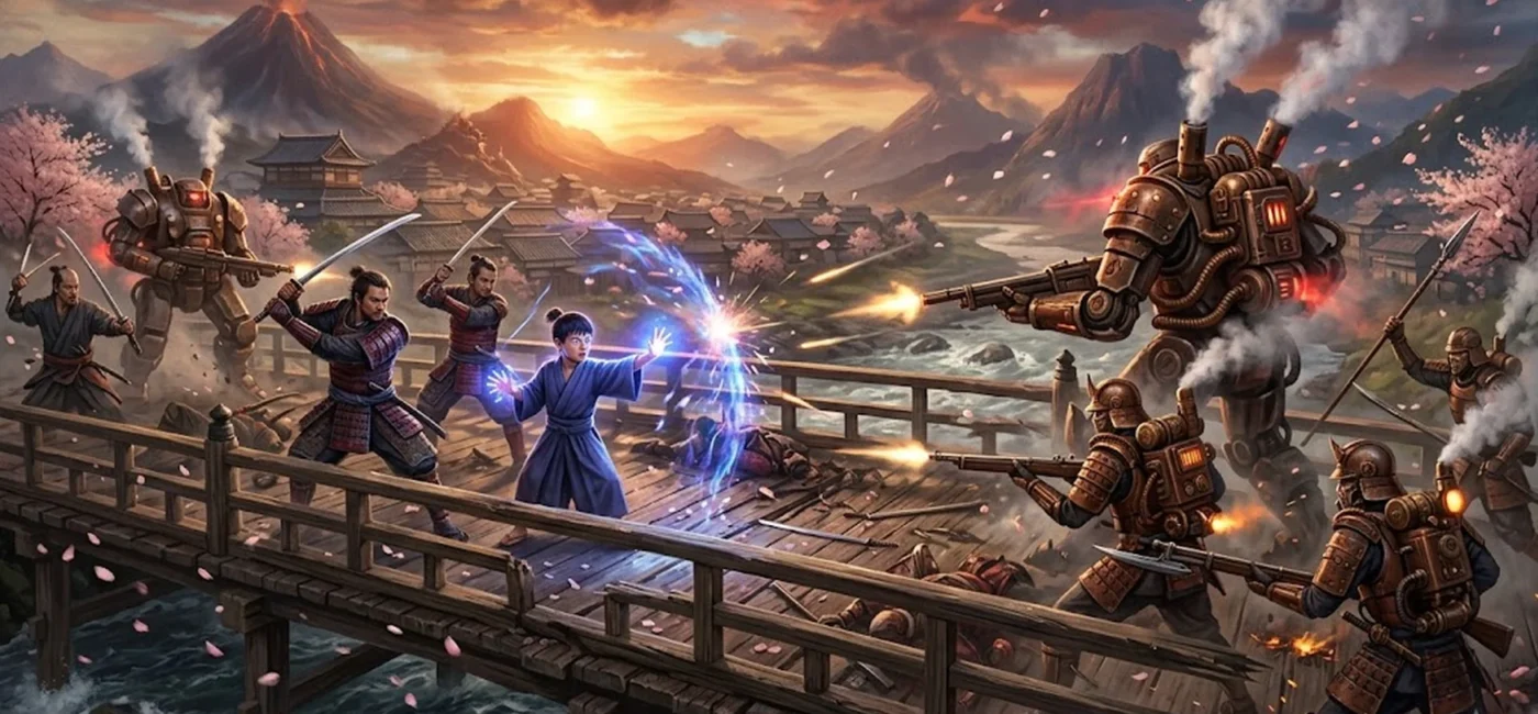 Deux rōnin protègent un jeune garçon face à des soldats impériaux et des armures mécaniques dans le Japon steampunk de Shadow of the Road.