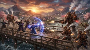 Deux rōnin protègent un jeune garçon face à des soldats impériaux et des armures mécaniques dans le Japon steampunk de Shadow of the Road.