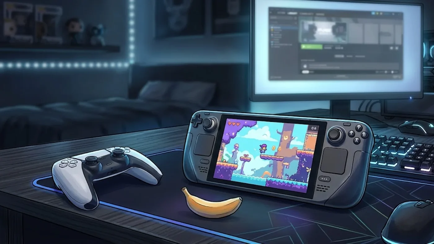 Steam Deck affichant Astro's Playroom en émulation via SharpEmu avec compteur FPS à 0,6, manette DualSense en arrière-plan