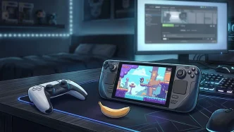 Steam Deck affichant Astro's Playroom en émulation via SharpEmu avec compteur FPS à 0,6, manette DualSense en arrière-plan