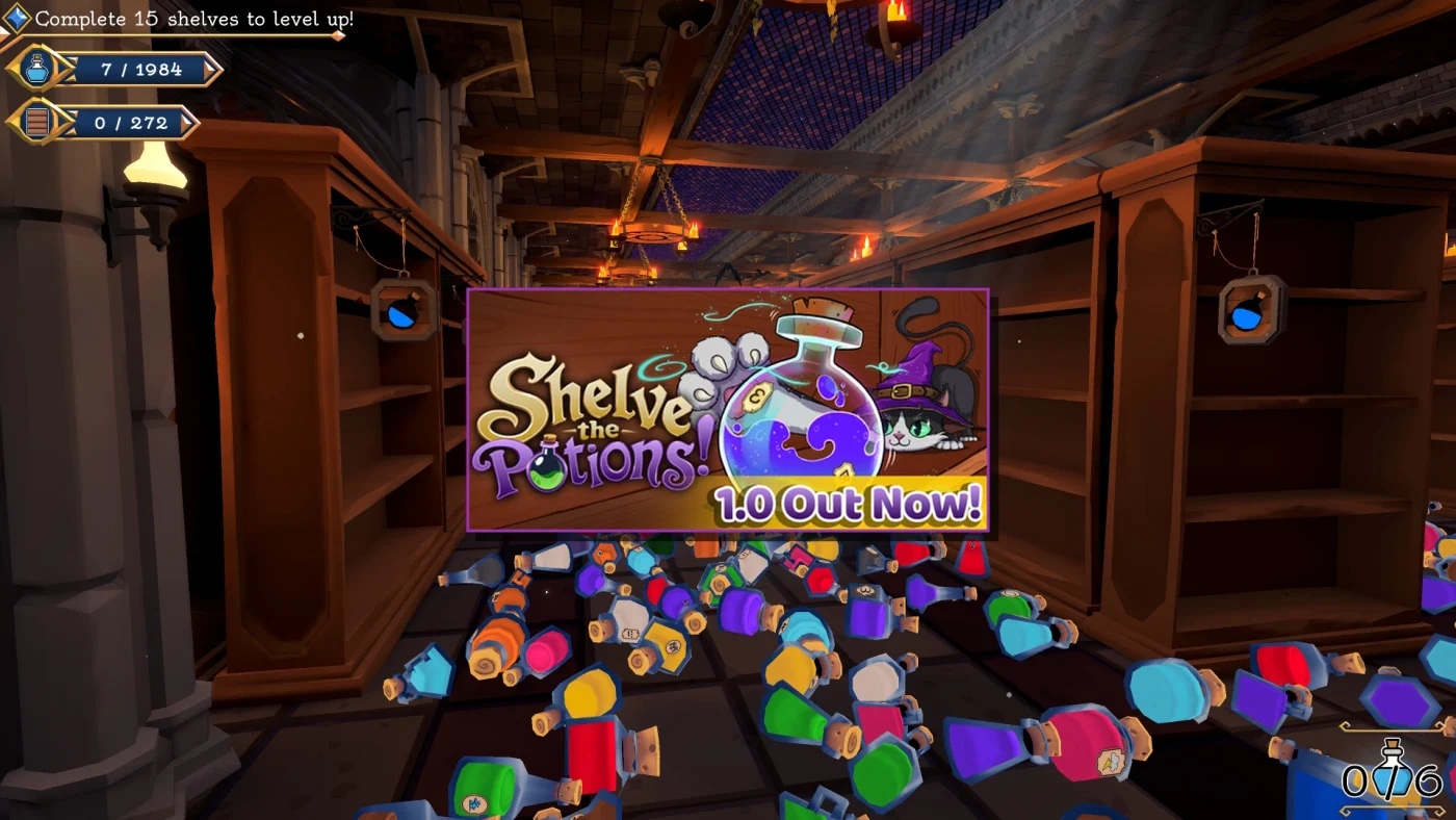 Capture de Shelve the Potions avec des fioles colorées au sol dans une cave enchantée et des étagères à remplir