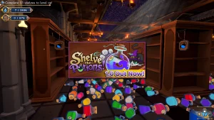 Capture de Shelve the Potions avec des fioles colorées au sol dans une cave enchantée et des étagères à remplir