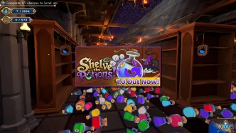 Capture de Shelve the Potions avec des fioles colorées au sol dans une cave enchantée et des étagères à remplir