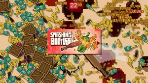 Illustration de Smashing Bottles avec une batte de baseball frappant des bouteilles dans un jeu incrémental