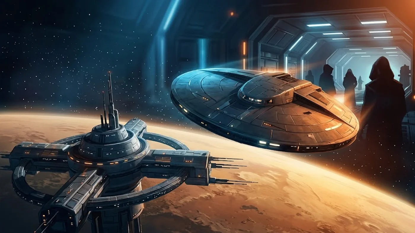 Vaisseau spatial de contrebandier survolant une station futuriste dans une illustration représentant Smuggler's Gambit Fortnite.