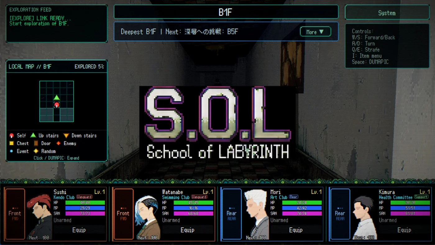 Illustration de S.O.L School Of Labyrinth montrant des élèves explorant un donjon de 50 étages dans une école surnaturelle, RPG dungeon crawl solo de SUSHI Lab