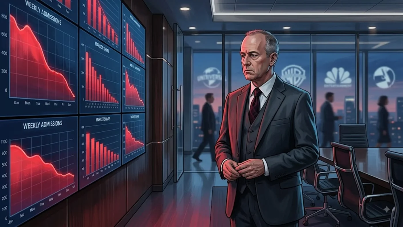 Illustration éditoriale montrant Tom Rothman PDG de Sony Pictures reconnaissant l'échec des spin-off Spider-Man Marvel avec graphiques box-office en chute libre