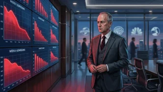 Illustration éditoriale montrant Tom Rothman PDG de Sony Pictures reconnaissant l'échec des spin-off Spider-Man Marvel avec graphiques box-office en chute libre