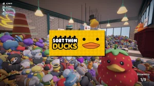 Illustration de Sort Them Ducks montrant une boutique colorée avec des canards en caoutchouc organisés par catégories.