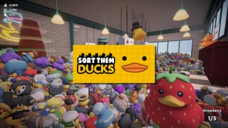 Illustration de Sort Them Ducks montrant une boutique colorée avec des canards en caoutchouc organisés par catégories.