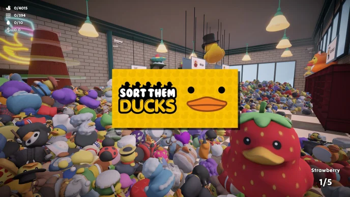 Illustration de Sort Them Ducks montrant une boutique colorée avec des canards en caoutchouc organisés par catégories.