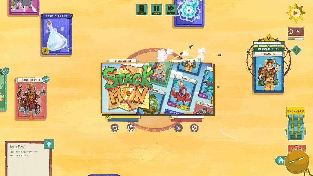 Illustration du jeu Stackmon montrant des créatures colorées et des cartes empilées dans l'univers fantastique de Gaia