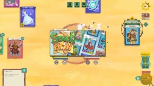 Illustration du jeu Stackmon montrant des créatures colorées et des cartes empilées dans l'univers fantastique de Gaia