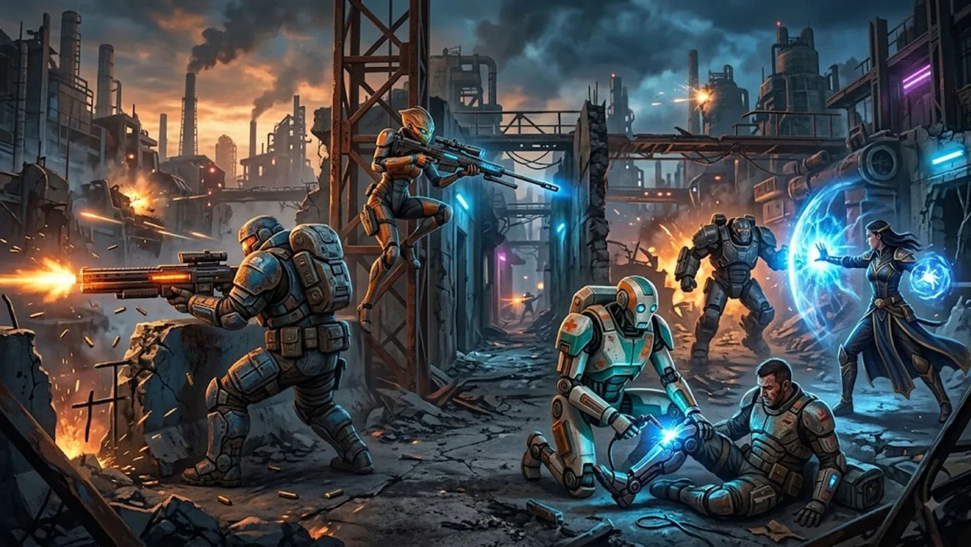 Quatre mercenaires galactiques attaquent ensemble dans une cité industrielle en ruines