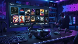 Casque Steam Frame posé sur un bureau gamer avec une bibliothèque de jeux VR affichée sur un écran