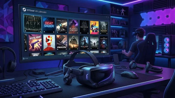Casque Steam Frame posé sur un bureau gamer avec une bibliothèque de jeux VR affichée sur un écran