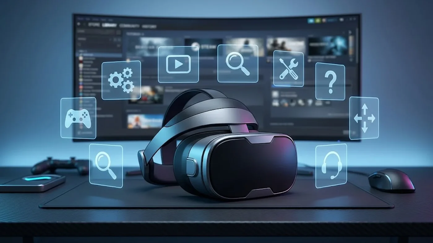 Casque VR Steam Frame sur un bureau devant un écran Steam avec des icônes de configuration lumineuses