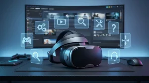 Casque VR Steam Frame sur un bureau devant un écran Steam avec des icônes de configuration lumineuses
