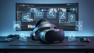 Casque VR Steam Frame sur un bureau devant un écran Steam avec des icônes de configuration lumineuses