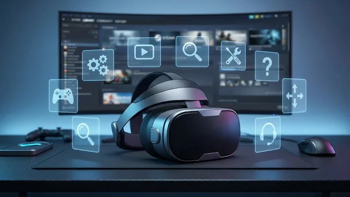 Casque VR Steam Frame sur un bureau devant un écran Steam avec des icônes de configuration lumineuses