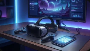 Casque de réalité virtuelle Steam Frame de Valve avec contrôleurs et smartphone QR code sur bureau technologique