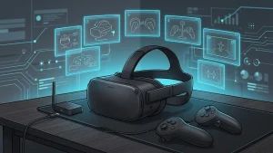 Illustration du casque VR Steam Frame de Valve avec écrans holographiques de configuration, style tech futuriste bleu et noir