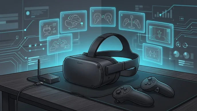 Illustration du casque VR Steam Frame de Valve avec écrans holographiques de configuration, style tech futuriste bleu et noir