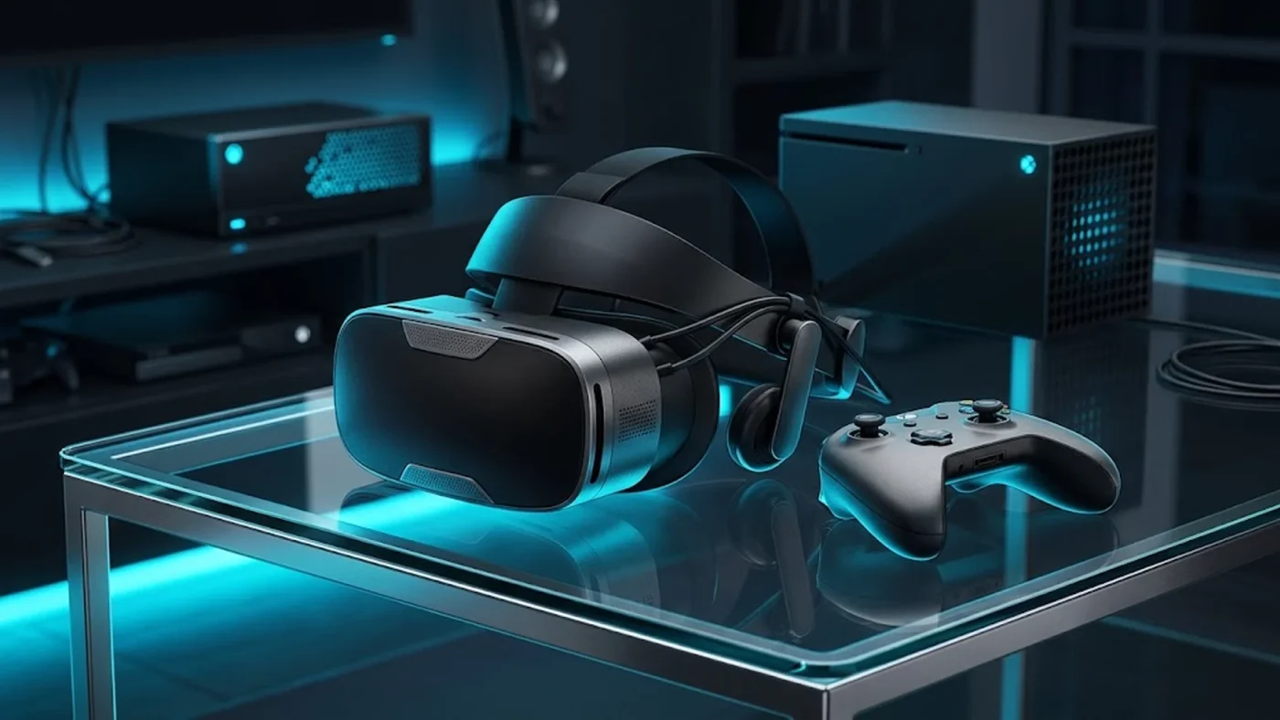 Casque de réalité virtuelle Steam Frame de Valve posé sur une table avec console et contrôleur en arrière-plan, illustration technologique