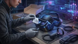 Casque VR Steam Frame générique en cours de déballage avec contrôleurs et adaptateur sans fil sur un bureau