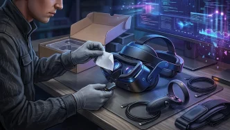 Casque VR Steam Frame générique en cours de déballage avec contrôleurs et adaptateur sans fil sur un bureau