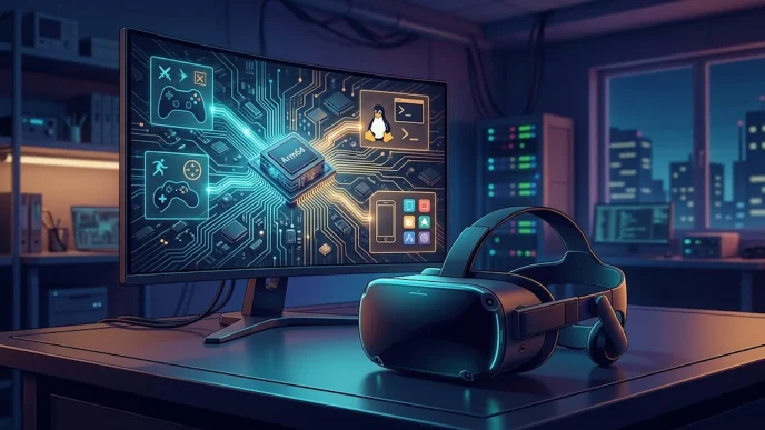 Illustration d’un casque VR autonome et d’une puce Arm64 liés au client Steam Linux