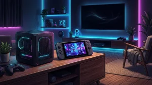 Mini-PC gaming Steam Machine sur meuble TV avec console portable Steam Deck, illustration hardware jeu vidéo pragmatisme 2026