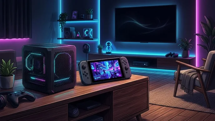Mini-PC gaming Steam Machine sur meuble TV avec console portable Steam Deck, illustration hardware jeu vidéo pragmatisme 2026