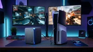 Deux consoles de jeu Steam Machine et PS5 côte à côte sur un bureau gaming avec graphiques de performances en arrière-plan