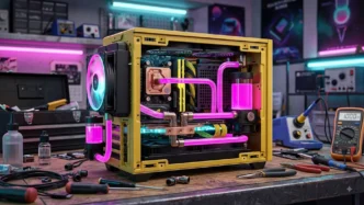 Steam Machine équipée d’un watercooling personnalisé avec waterblock en cuivre, tubes roses, pompe externe et radiateur arrière