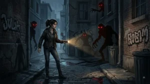Illustration de Tenebris Somnia montrant Julia explorant une rue sombre avec des créatures monstrueuses, survival horror rétro en pixel art avec cinématiques réelles