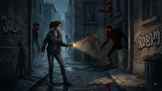 Illustration de Tenebris Somnia montrant Julia explorant une rue sombre avec des créatures monstrueuses, survival horror rétro en pixel art avec cinématiques réelles
