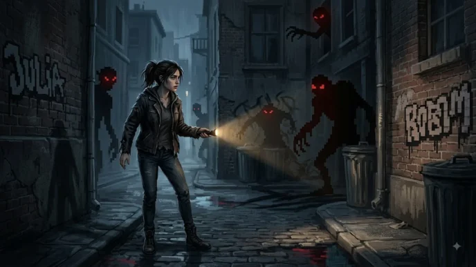 Illustration de Tenebris Somnia montrant Julia explorant une rue sombre avec des créatures monstrueuses, survival horror rétro en pixel art avec cinématiques réelles