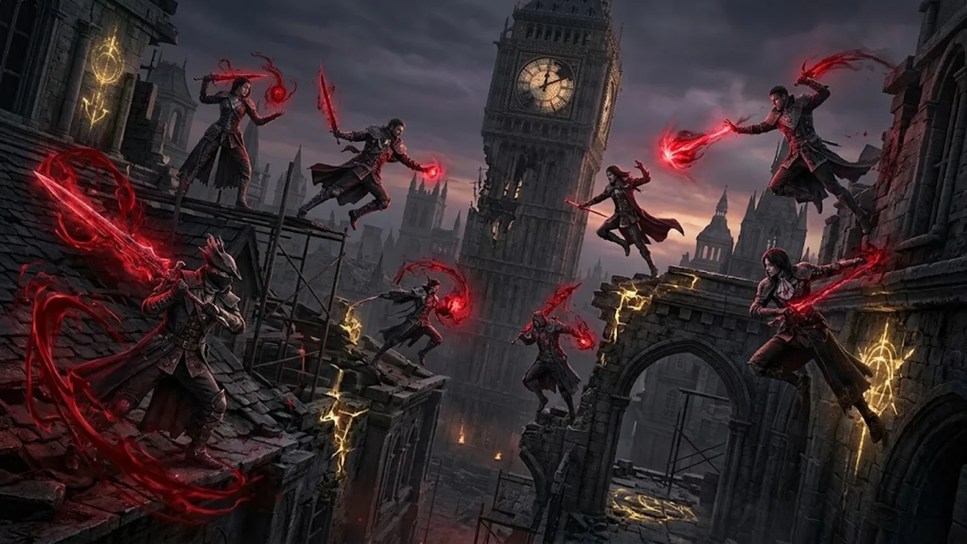 Illustration de The Duskbloods montrant huit Bloodsworn en combat PvPvE dans la cité gothique de Lawanro City sur Nintendo Switch 2